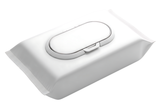 White hygiene wet wipes pack with a plastic flip-top lid design isolated on transparent background