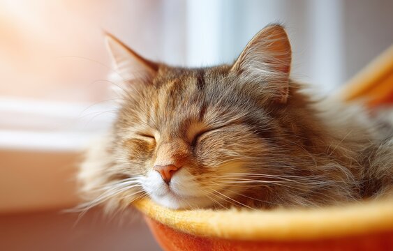 Fluffy domestic cat peacefully napping in a cozy hammock by the window during a sunny afternoon - Powered by Adobe