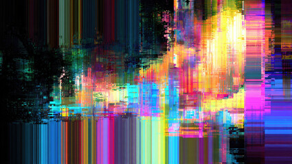 A dynamic abstract digital artwork featuring vibrant, colorful vertical and horizontal lines creating a glitch art aesthetic. Bright pixels and intense colors merge beautifully.