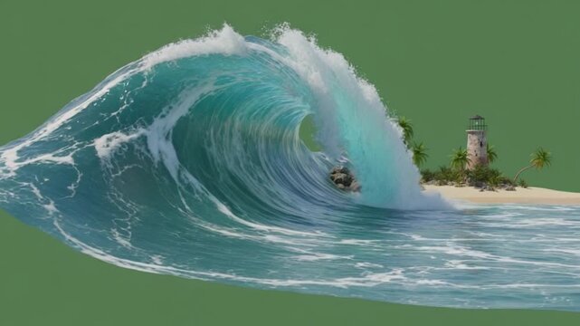 Riding the Crest: A surfer fearlessly carves through the heart of a colossal wave, a lighthouse watches over a small island. Capturing the sheer power of the ocean and the thrill of surfing.