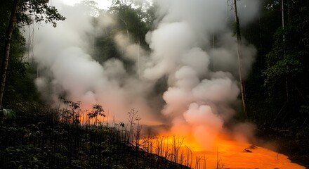 A vibrant lava lake surrounded by lush jungle foliage, showcasing the contrast between fire and nature.