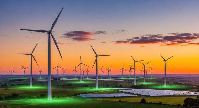 Wind turbines and solar panels at sunset generate clean renewable energy solutions for a sustainable future - Powered by Adobe