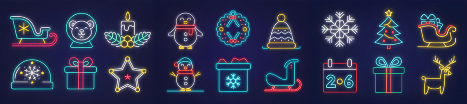 Neon christmas icons depicting a sleigh, bear, candle, penguin, wreath, hat, snowflake, and more holiday symbols
