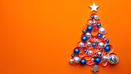 Mood of festive red and silver decor featuring Christmas tree shape, ribbon and glitter on a deep orange backdrop, capturing Christmas vibe and New Year celebration and warm greeting for the season