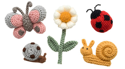Knitted Spring Elements Collection – Butterfly, Daisy, Ladybug, Leaf, Snail with Yarn Texture on White Background