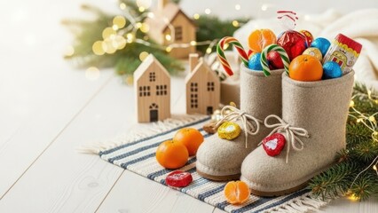 Naklejka premium Decorative Christmas boots filled with colorful candies and fruits. Small wooden houses and festive lights in the background. Celebrating St. Nicholas Day.