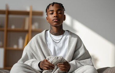 A young man practices mindfulness folding laundry in a calm, bright, sunlit room