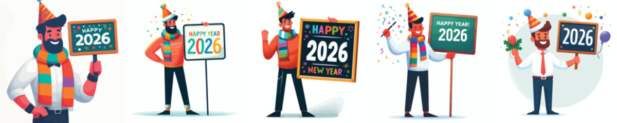 vector of a man holding up a sign with the number "2026" written on it