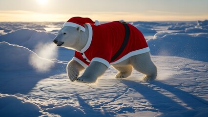 A polar bear wearing a Santa outfit running on frozen ice, with visible cold breath, depicted in a hyper-realistic style. Winter sunlight casts a dramatic and intense atmosphere."