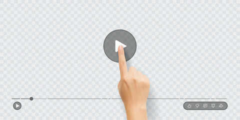 Realistic hand tapping a play button on a video player interface. Perfect for video streaming, UI design, social media, tutorials, online marketing, digital communication and user interaction concepts