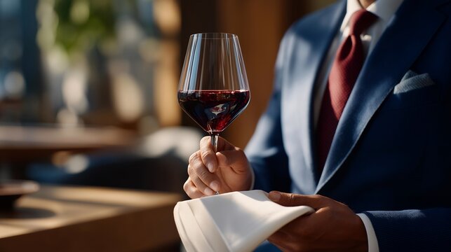 A sommelier examining the color of a ruby-red wine against a white napkin, swirling the glass gently as aromatic notes rise &mdash; professional wine tasting technique, sensory evaluation, and refined