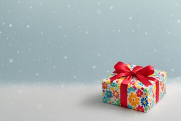Colorful Gift Box with Red Ribbon on Snowy Background holidays celebration gift box present ribbon snow