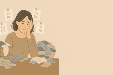 Illustration of Overwhelmed Woman with Laundry and To-Do List
