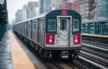 Fototapeta premium Subway train approaches station, enhancing urban mobility and public transportation experience in the city environment