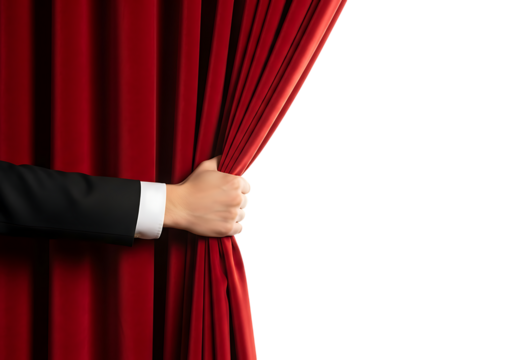 Professional's hand pulling back a grand red velvet stage curtain isolated on transparent background