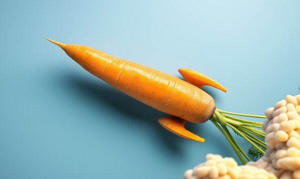 A carrot creatively designed as a rocket, launching against a blue backdrop with ample copy space