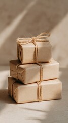Stack of rustic brown paper packages tied with twine in sunlight
