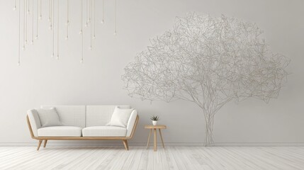 Minimalist living room with geometric tree wall art and lighting