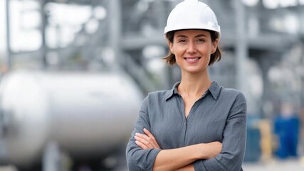 Professional in Hard Hat: A smiling woman wearing a hard hat, embodying expertise and confidence in the field of engineering, standing confidently with arms crossed against an industrial backdrop.