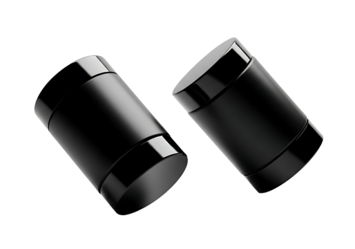 Two black minimalist cosmetic packaging containers mockup display isolated on transparent background