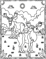 Majestic Moose Duo Coloring Page For Kids And Adults. Forest Wildlife Scene.