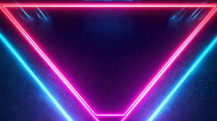 Neon glowing triangle frame in blue and pink colors on a dark textured background. Futuristic retro aesthetic for digital designs, cyber themes, and modern abstract concepts.