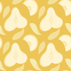 Bold seamless vector pattern of abstract pears and curves on black background, exploring female anatomy, intimacy, and feminism	
