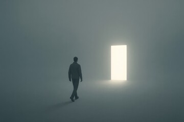 Obraz premium Lone man walking through fog toward a glowing doorway, symbolizing hope, new beginnings and stepping into the unknown.