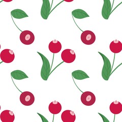 Seamless pattern with bright red cherries and green leaves on a soft light background for modern food design, fabric prints and fresh summer themes