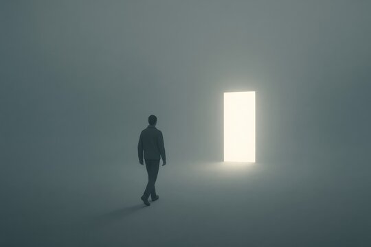 Lone man walking through fog toward a glowing doorway, symbolizing hope, new beginnings and stepping into the unknown.