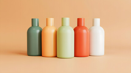A row of five pastel colored bottles on a beige background in a studio setting with soft lighting