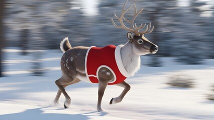 A reindeer wearing a red Christmas outfit running swiftly across a snowy landscape, captured in a realistic style with natural winter lighting. The dynamic movement and detailed fur texture create a l