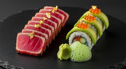 Gourmet seared tuna sashimi and avocado sushi roll with roe on dark plate