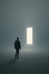 Obraz premium Lone man walking through fog toward a glowing doorway, symbolizing hope, new beginnings and stepping into the unknown.