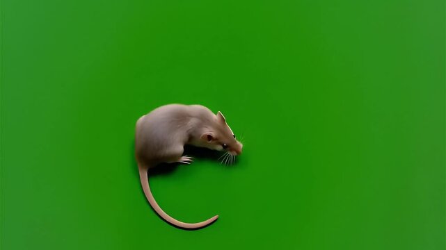 Top view of a small gray mouse on a green screen, cute animated wildlife animal element with chroma key background.