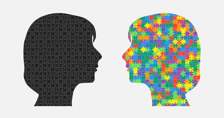 Head woman and man made puzzle pieces, education