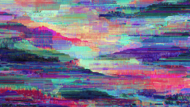 Vibrant abstract digital art featuring a pixelated landscape with strong horizontal glitch effects. Colorful mountains and clouds emerge in brilliant hues.