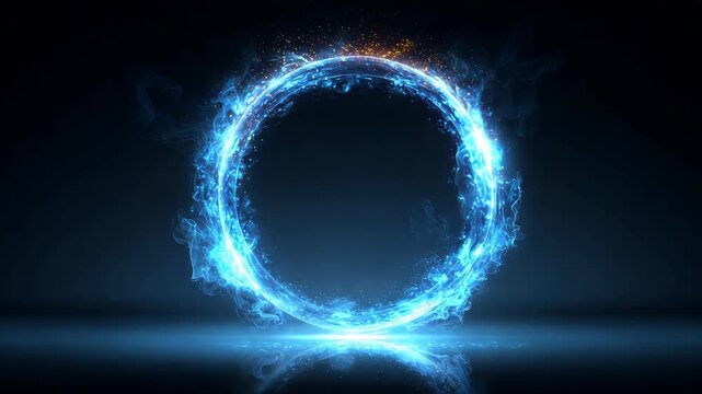 Futuristic glowing ring with sparks and blue smoke, abstract energy portal design, mystical technology concept sci-fi magic circle creative digital art background