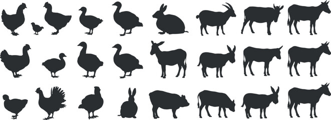 Silhouettes of farm animals chicken, duck, goose, rabbit, goat, donkey, pig white