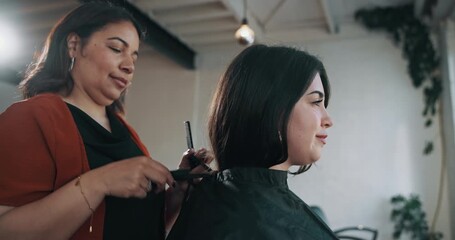 Hairdresser, appointment and women in hair salon, tools and consultation for hairstyle and grooming. Beauty, entrepreneur and texture maintenance in small business, haircare and service for client