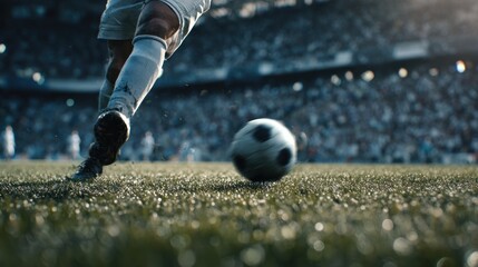 Dynamic soccer action: Player kicking ball on the field stadium atmosphere