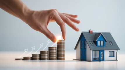 Hand stacking coins next to a house model, symbolizing real estate investment, mortgage, and property value increase