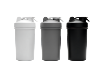 Three diverse protein shaker bottles, ideal for fitness and gym isolated on transparent background