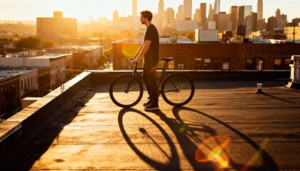 Golden-Hour Rooftop Scene with Man on Fixed-Gear Bicycle Overlooking City