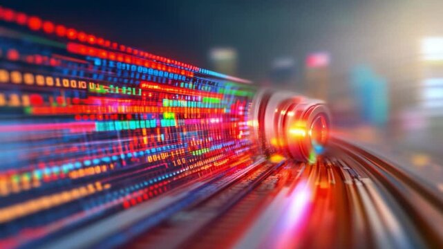Data Stream Journey: The dynamic illustration of a high-speed train, enveloped by streams of digital data, speeding through an abstract cityscape, which represents the rapid advancement of technology.