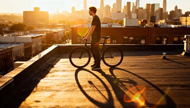 Golden-Hour Rooftop Scene with Man on Fixed-Gear Bicycle Overlooking City