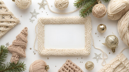 Detailed Knitted Christmas Card with Layered Yarn Ornaments and Silver Thread Highlights