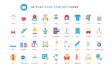 Naklejka premium Comfortable clothes and furnishings for rooms, lifestyle hygiene tools and electrical appliances, fireplace. Furniture and home equipment trendy flat icons set vector illustration