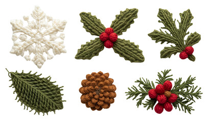Knitted Winter Collection with Snowflake, Holly, Evergreen, Pinecone, and Berry – Detailed Yarn & Embroidery on White Background