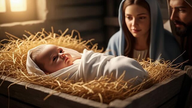 Newborn Jesus opens his eyes and lying in a manger inside a rustic stable, warm golden light, straw, gentle expressions of Mary and Joseph nearby